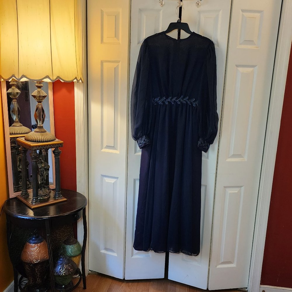 Navy blue jeweled waist & wrest chiffon long party wedding bridesmaid prom dress